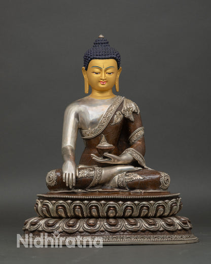 Shakyamuni Buddha statue, oxidized copper, silver plated, gold painted face, lotus throne, Buddhist altar statue Nepal