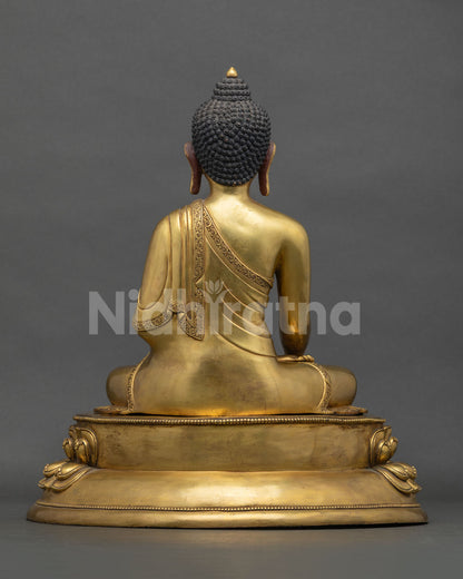 Shakyamuni Buddha Statue rear view, hand-carved robe and lotus base
