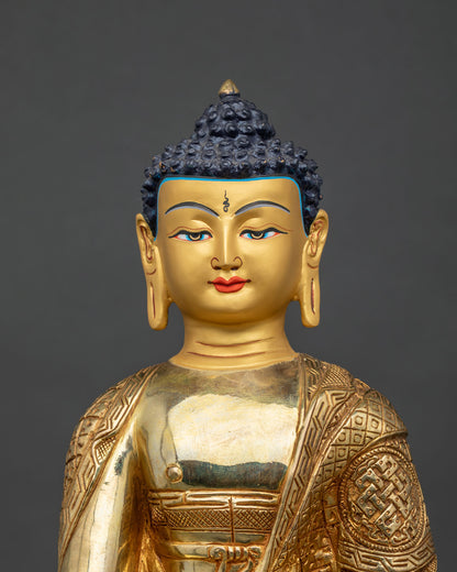 Shakyamuni Buddha statue regular close up 24K gold painted face.