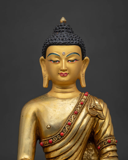 Shakyamuni Buddha statue regular close up showing detailed monk robe begging bowl and radiant halo.