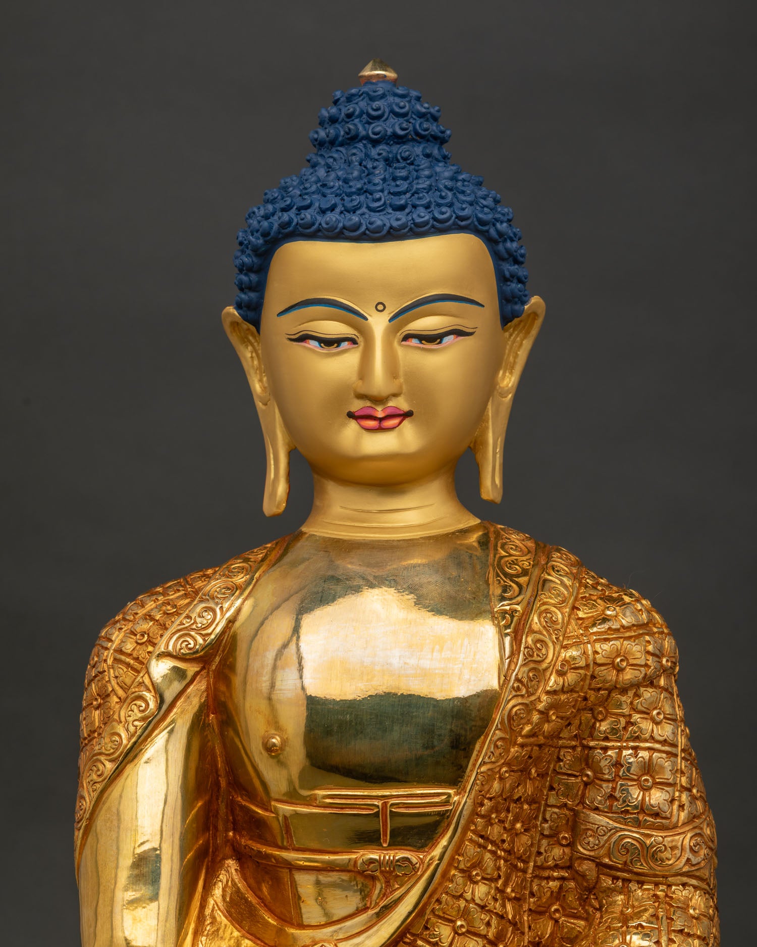 Shakyamuni Buddha Statue Close Up Gold Gilded Nepalese Buddhist Artwork