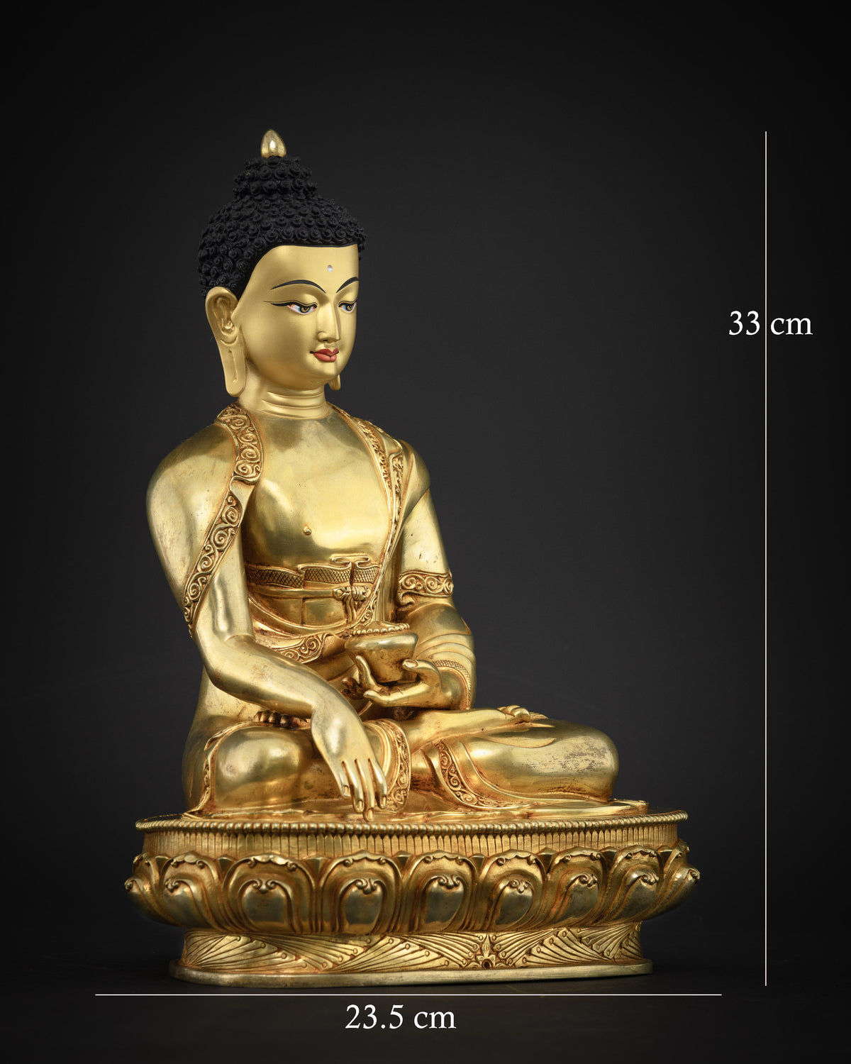 Shakyamuni Buddha statue right side view, 24K gold gilded copper