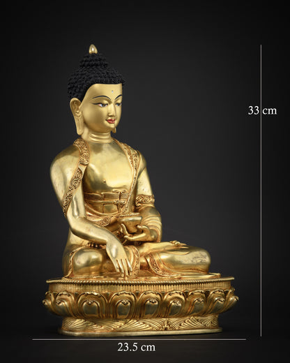 Shakyamuni Buddha statue right side view, 24K gold gilded copper