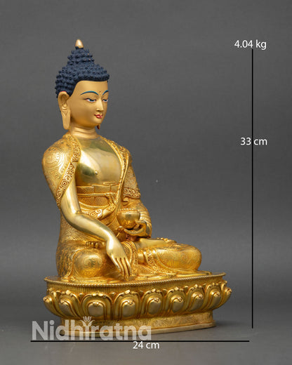 shakyamuni buddha statue right side view, bhumisparsha mudra copper and gold buddhist art