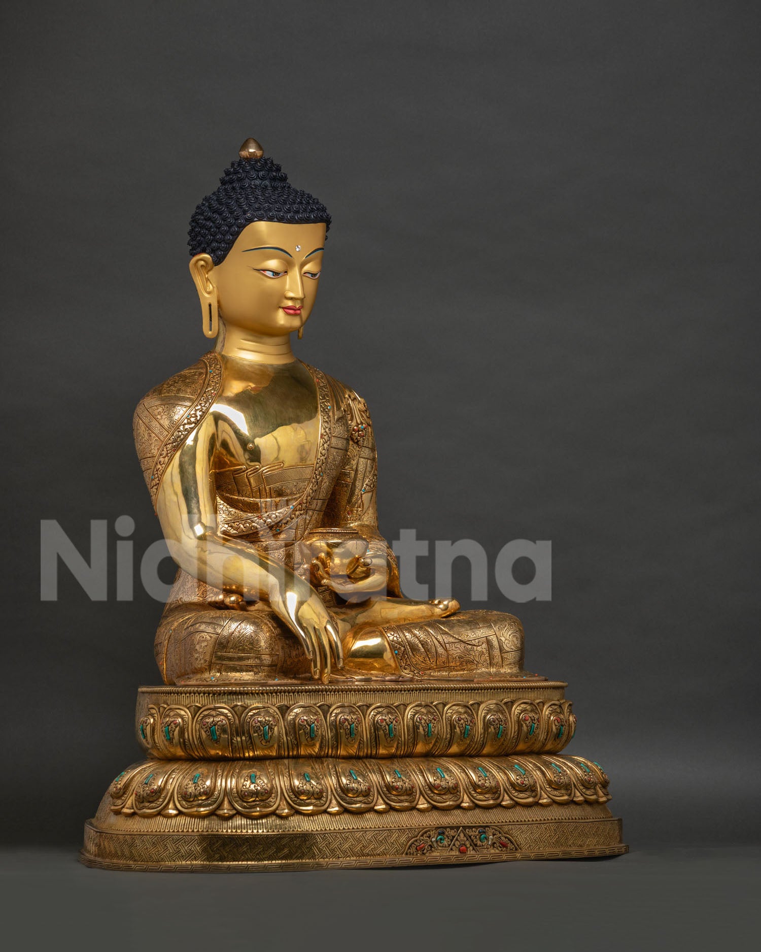 Shakyamuni Buddha Statue Right Side View Bhumisparsha Mudra Gold Gilded