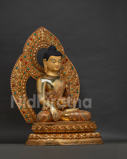Shakyamuni Buddha statue right side view, gold-gilded copper Buddhist sculpture