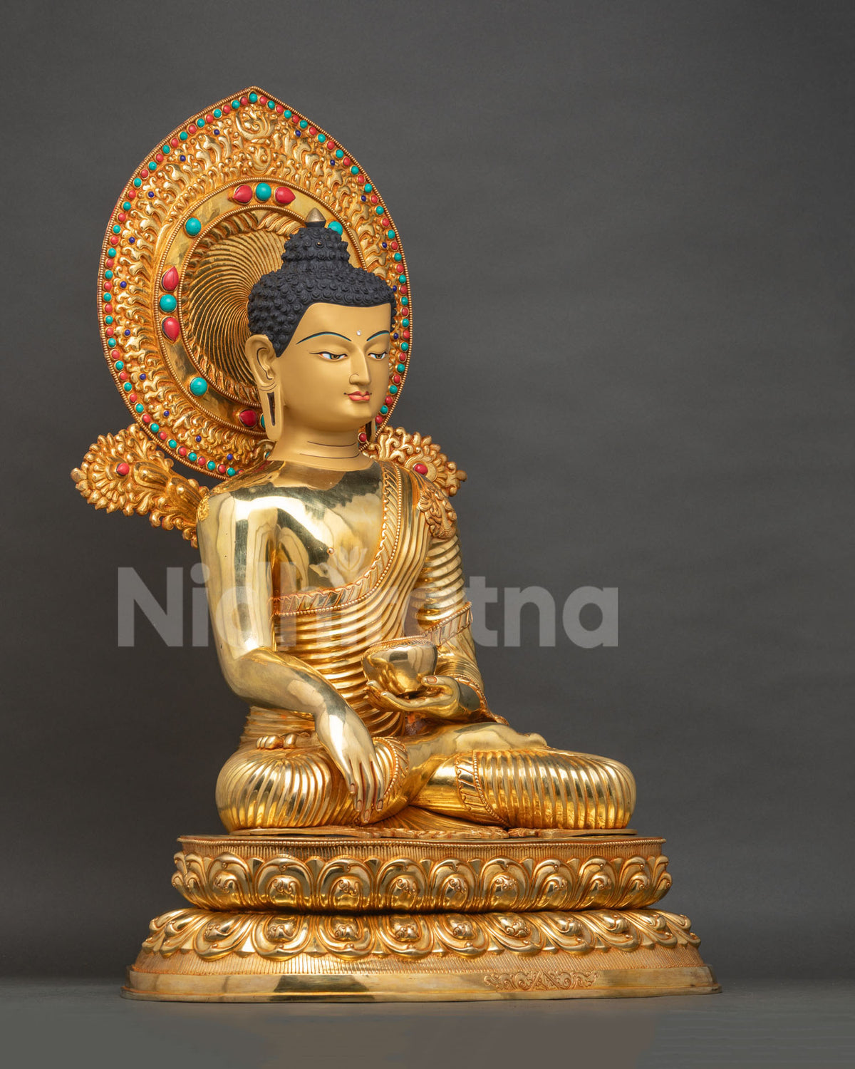 Shakyamuni Buddha Statue Right Side View | Gold-Gilded Copper