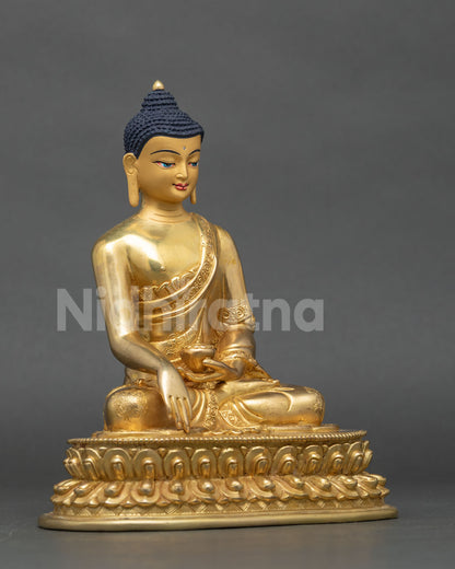 Shakyamuni Buddha Statue right side view, handmade copper gold gilded sculpture
