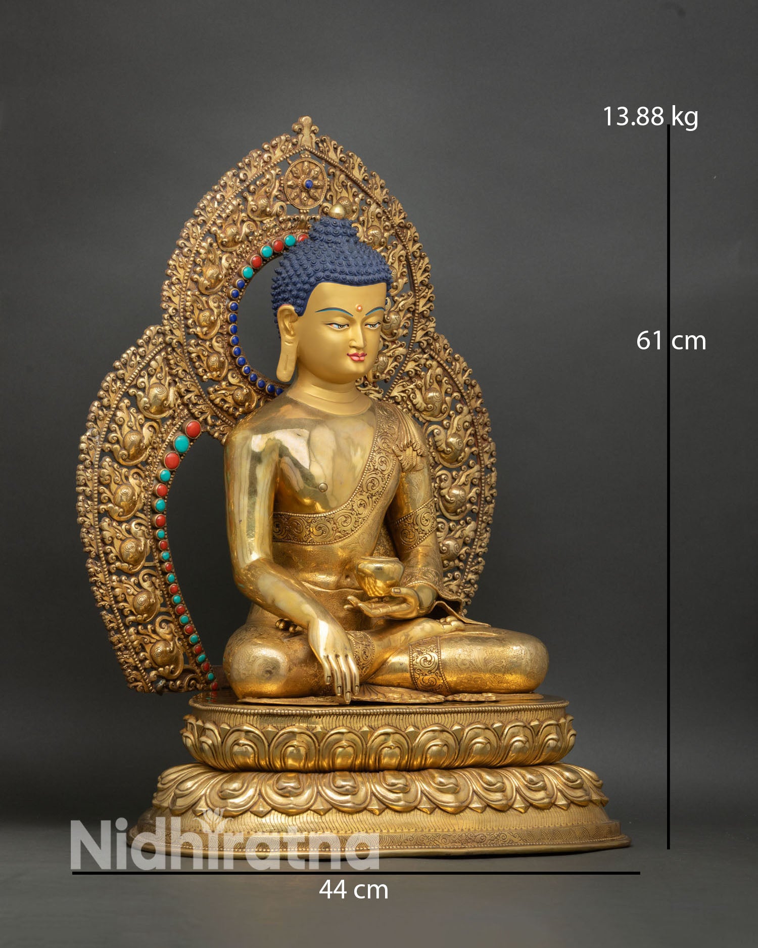 Right side view Shakyamuni Buddha statue, Himalayan handcrafted copper sculpture with gold fire gilded finish