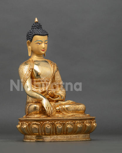 Shakyamuni Buddha statue right side view lotus pedestal floral motifs.
