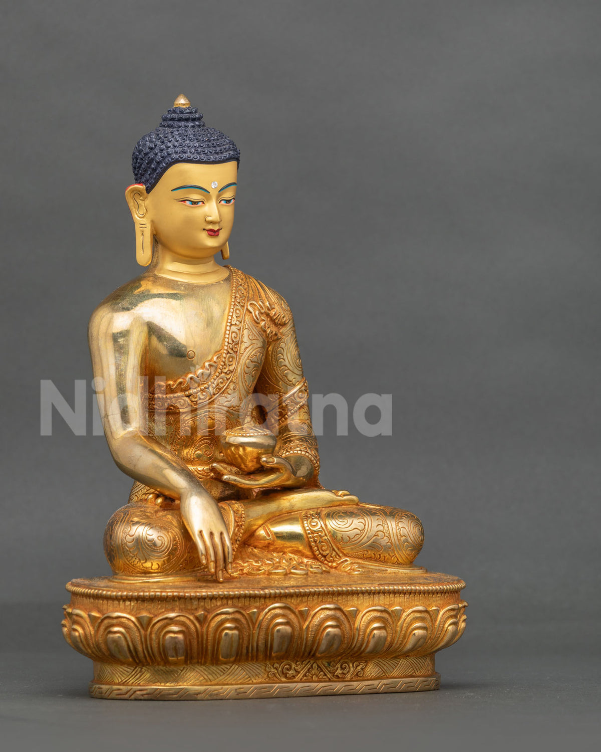 Shakyamuni Buddha Statue right view Bhumisparsha mudra alms bowl lotus pedestal.