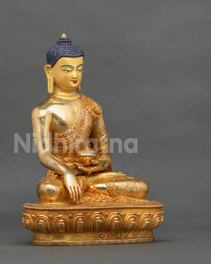 Shakyamuni Buddha Statue right view Bhumisparsha mudra alms bowl lotus pedestal.