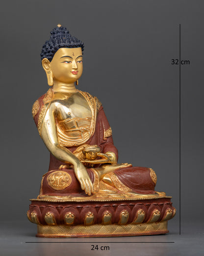 Shakyamuni Buddha Statue right view Bhumisparsha Mudra alms bowl.