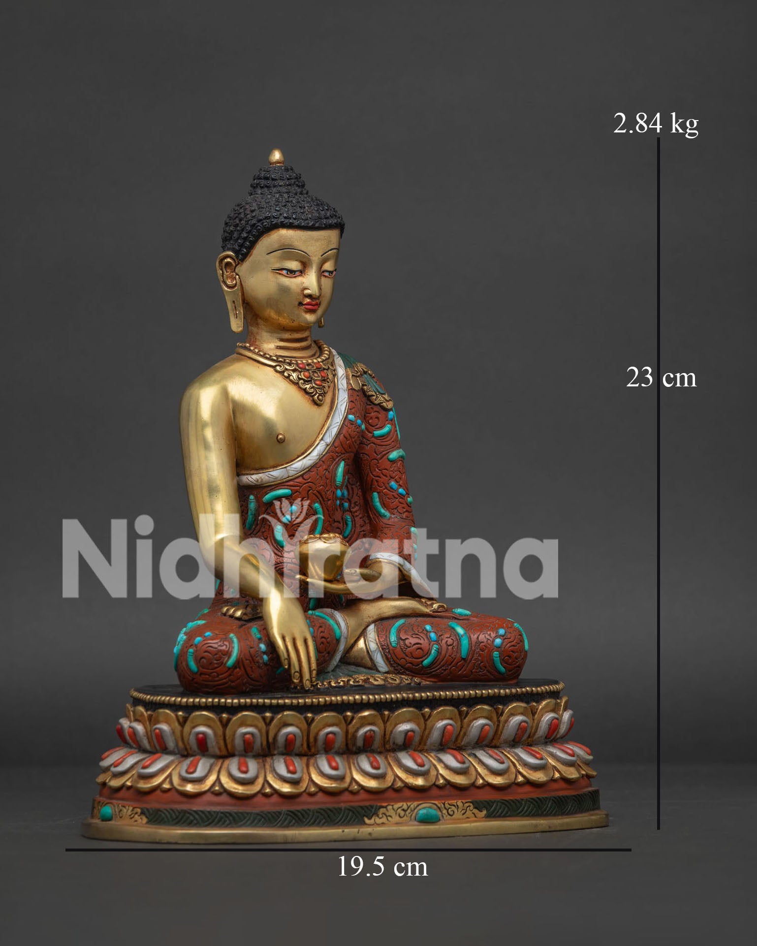 Shakyamuni Buddha Statue right view side showing copper body, robes and lotus pedestal