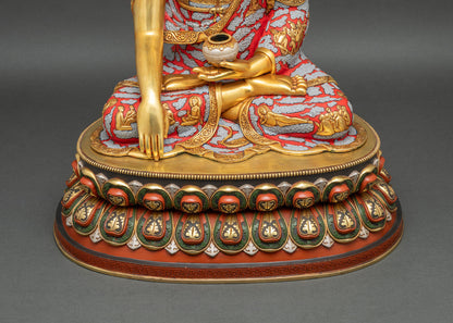 Shakyamuni Buddha statue seated on a double-lotus pedestal with gold-gilded body and patra bowl, Nepal