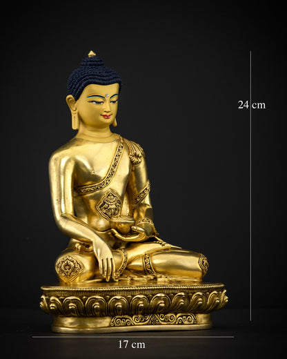 Shakyamuni Buddha statue seated on a hand-carved lotus pedestal, displaying the Earth-Touching Mudra and holding a sacred patra bowl.