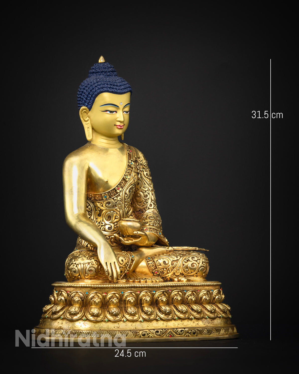 Shakyamuni Buddha statue seated on a lotus pedestal in Bhumisparsha Mudra holding a sacred begging bowl.