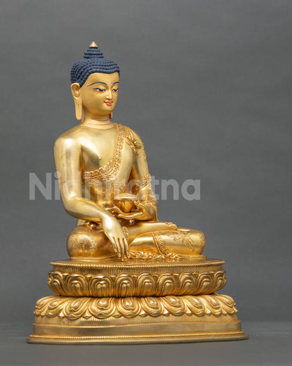 Shakyamuni Buddha statue seated on handcarved double lotus pedestal right side view.