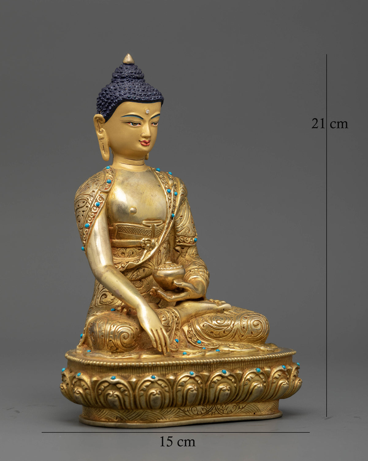Shakyamuni Buddha statue seated on lotus pedestal in Bhumisparsha Mudra with alms bowl
