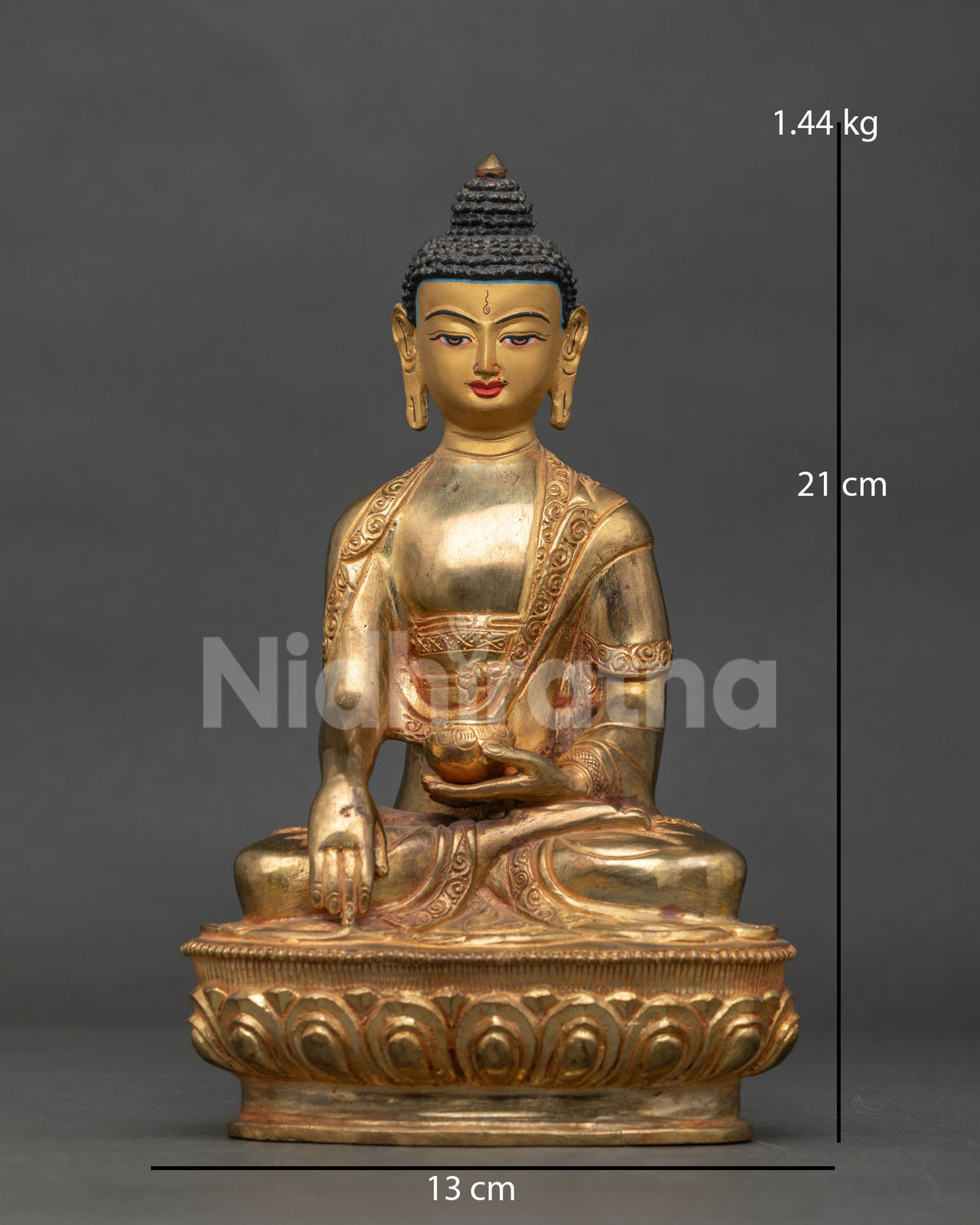 Shakyamuni Buddha statue seated on lotus with 24k gold fire gilded copper finish.