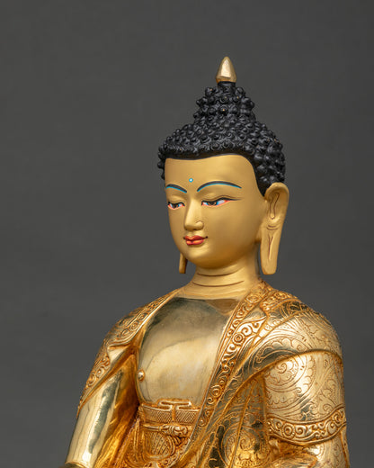 Shakyamuni Buddha statue side close up Bhumisparsha Mudra begging bowl.