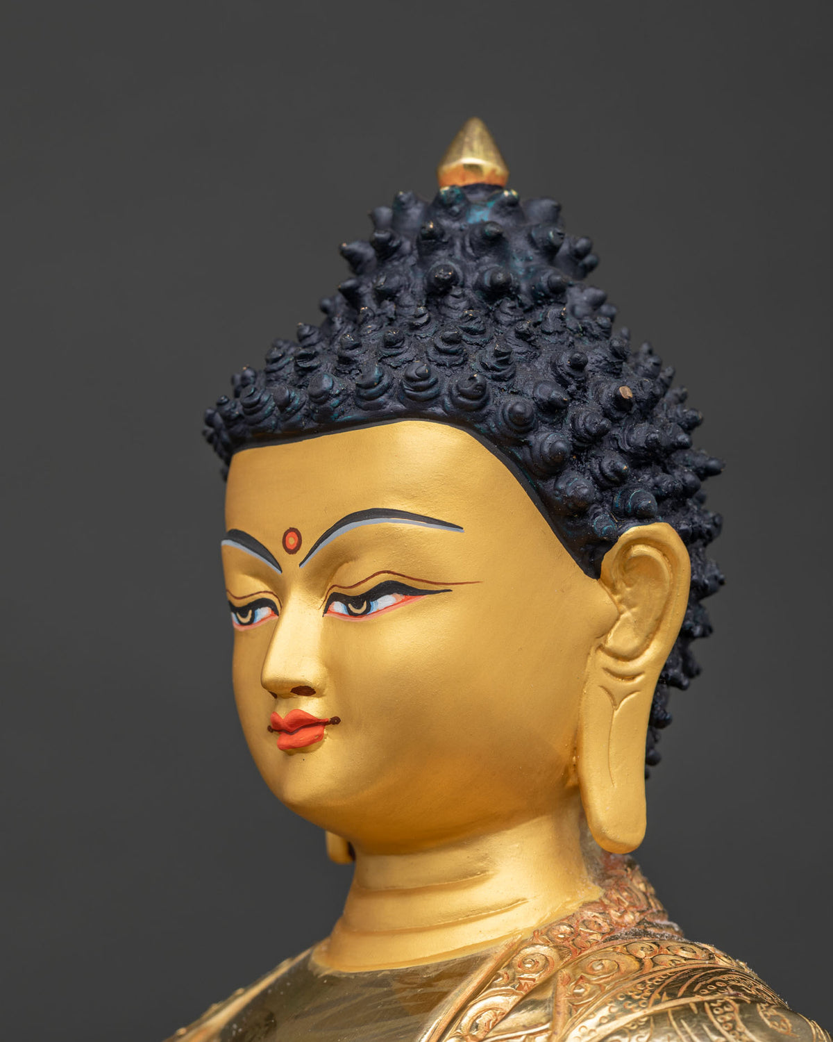 Shakyamuni Buddha statue side face detailed close up.
