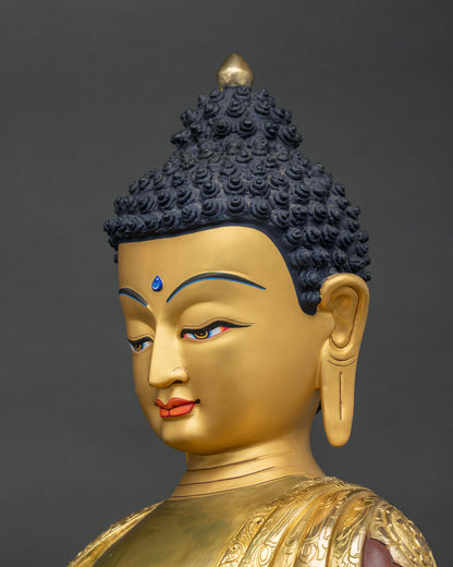 Shakyamuni Buddha statue side profile face, detailed gold gilded features