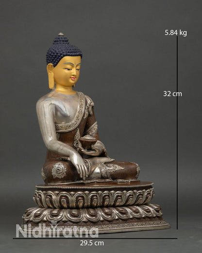 Shakyamuni Buddha statue, side view, Bhumisparsha Mudra, patra bowl symbolic enlightenment posture