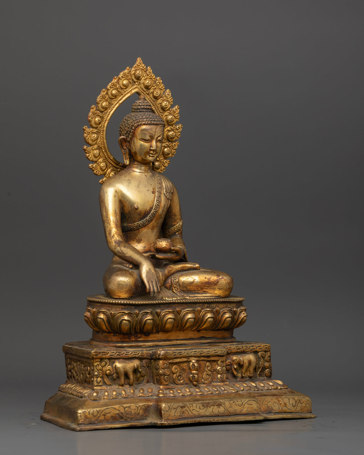 Shakyamuni Buddha Statue Side View Elephant Throne Lotus Pedestal From Nepal.