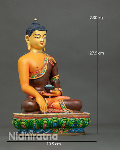 Shakyamuni Buddha statue side view monastic robe flowing design oxidized copper spiritual meditation Buddha art Himalayan craftsmanship