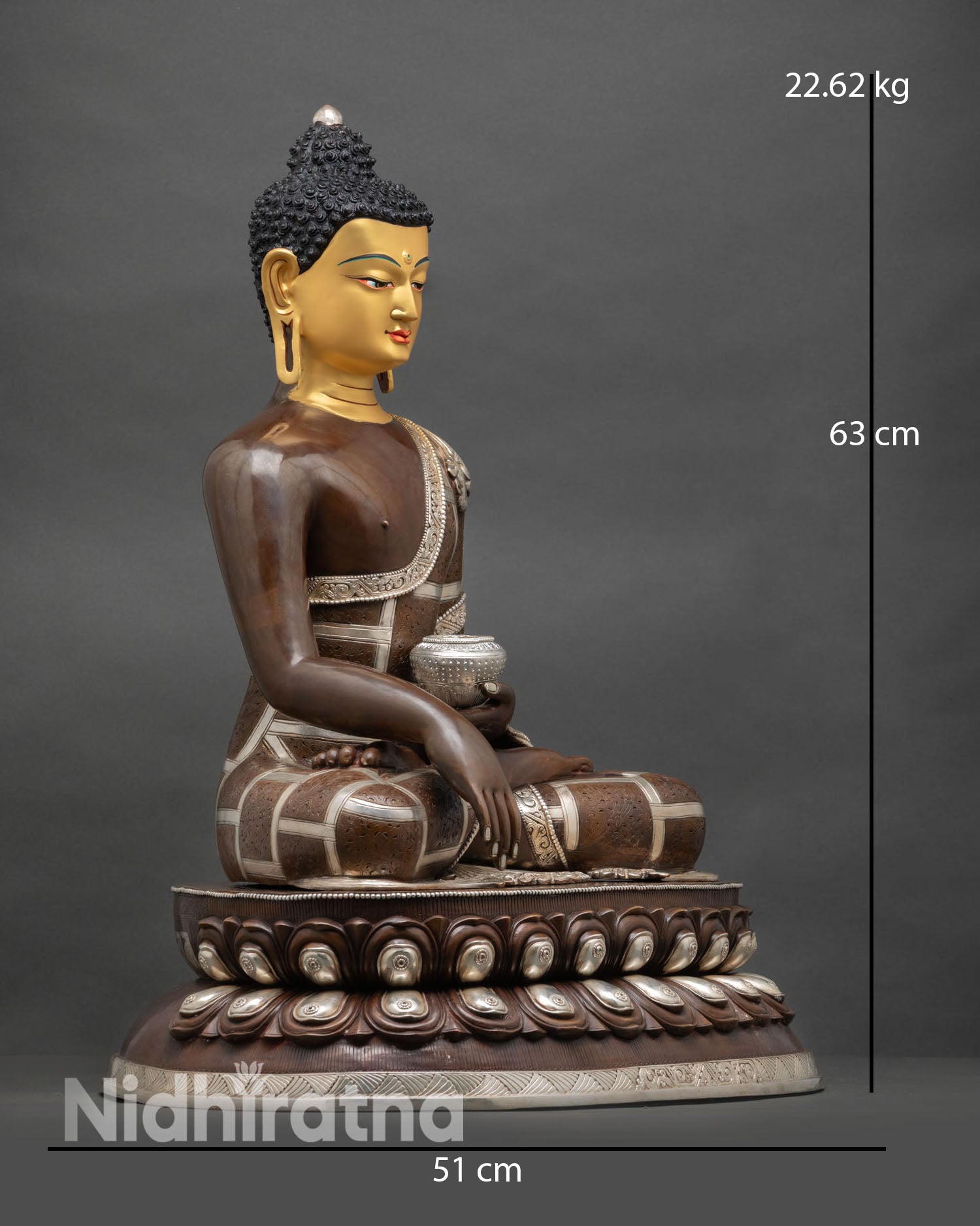 Shakyamuni Buddha statue, side view, monastic robes, newari artisans oxidized sacred decor