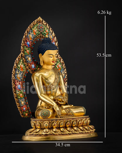 Shakyamuni Buddha statue side view showing dimensions – 53.5cm height, 34.5cm wide, 6.26kg
