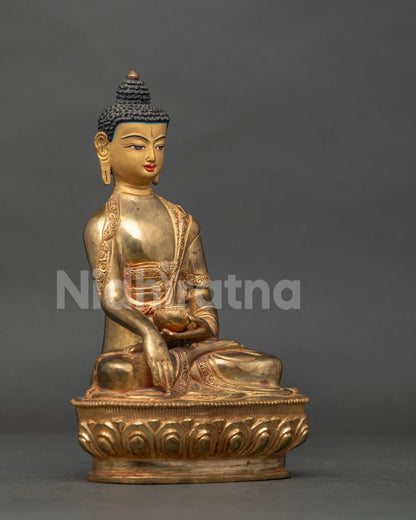 Shakyamuni Buddha statue side view with hand-carved monk robe and lotus pedestal.