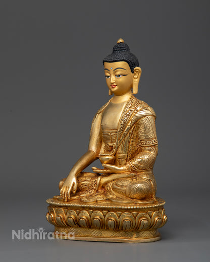 Shakyamuni Buddha Statue Side View with Lotus Pedestal and Hand Carved Monk Robe.