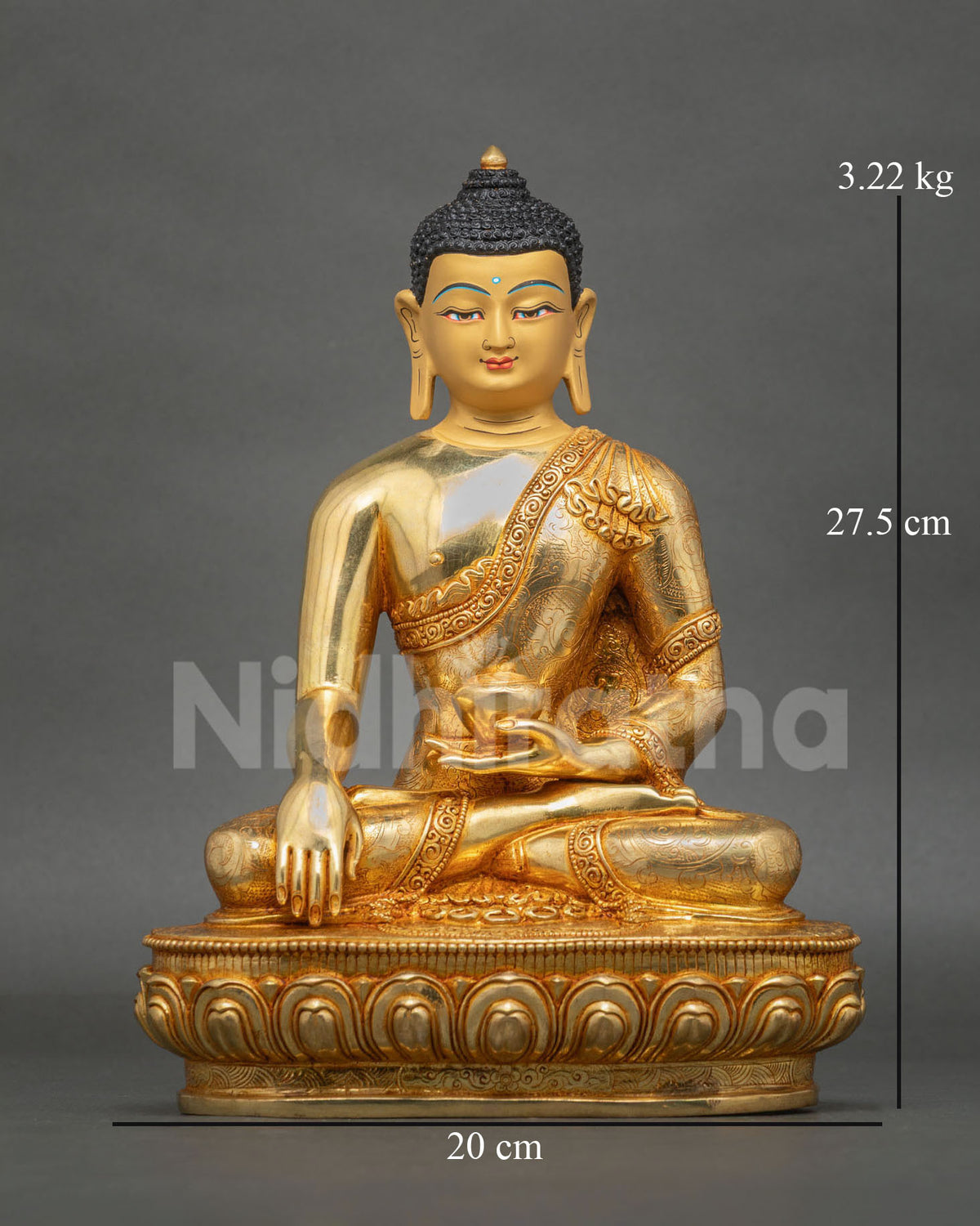 Shakyamuni Buddha Statue with 24K gold fire-gilding seated in Bhumisparsha Mudra, symbolizing enlightenment and wisdom.