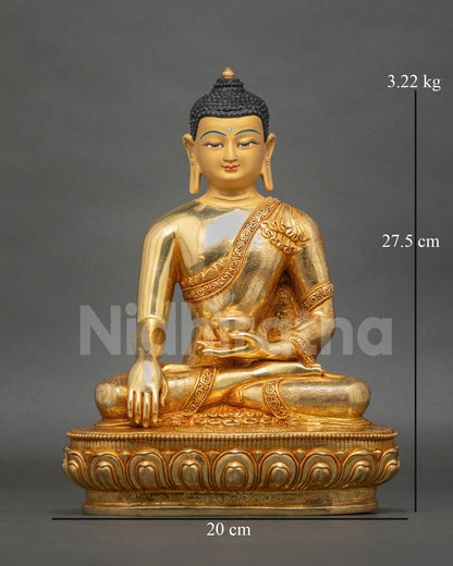 Shakyamuni Buddha Statue with 24K gold fire-gilding seated in Bhumisparsha Mudra, symbolizing enlightenment and wisdom.