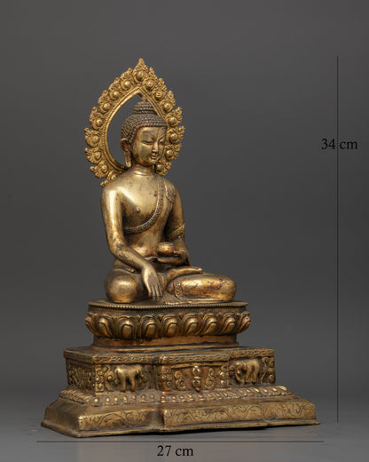 Shakyamuni Buddha statue with elephant vajra throne and lotus pedestal.