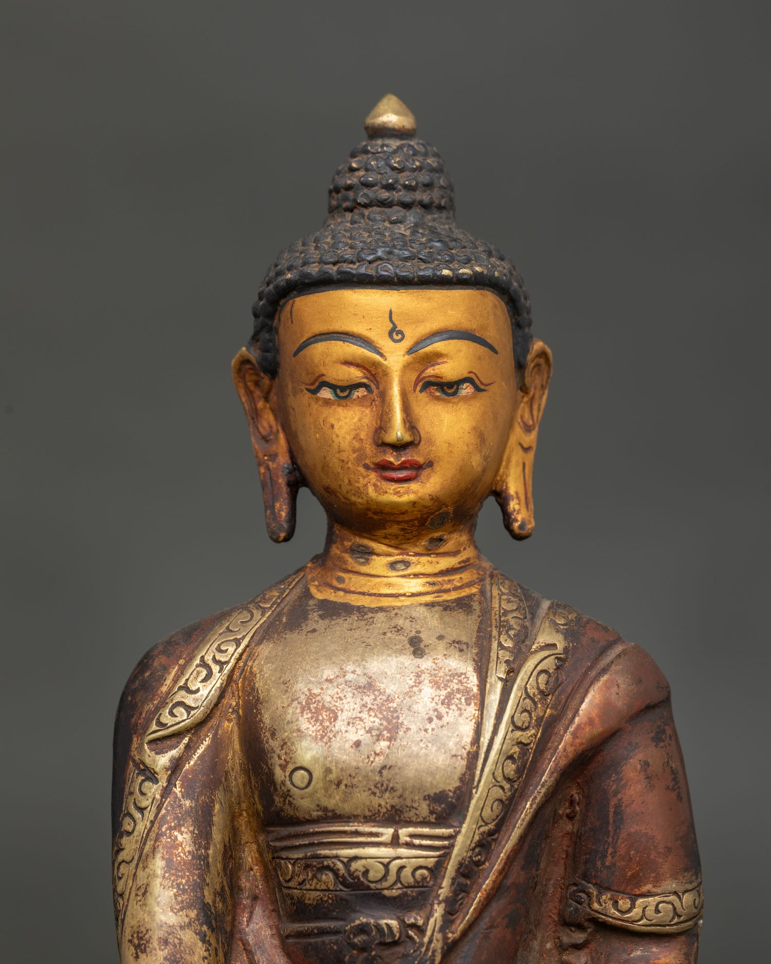 Shakyamuni Buddha Statue with Gold Fire Gilded Copper and Gold Painted Face.