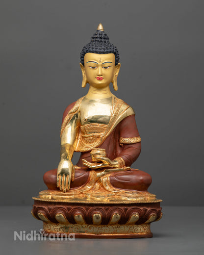 Shakyamuni Buddha Statue with Gold Gilded Details and Oxidized Finish