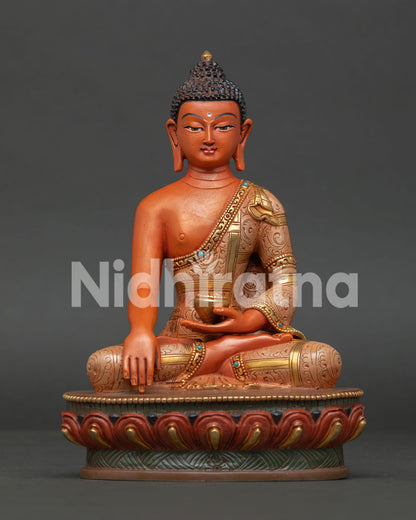 Shakyamuni Buddha Statue with Gold Gilded Details, Turquoise and Coral Stones from Nepal