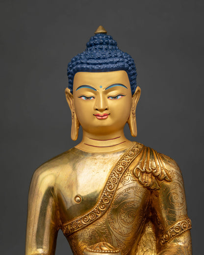 Shakyamuni Buddha statue with hand carved floral monastic robe.