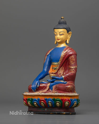 Shakyamuni Buddha statue with hand carved floral robe and gold gilded details.