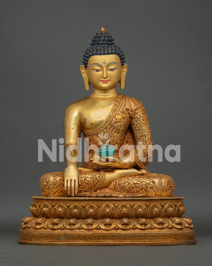 Shakyamuni Buddha Statue with Turquoise Bowl Handmade in Nepal Front View