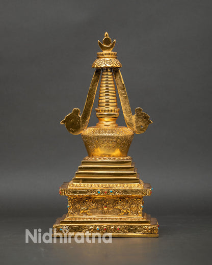 shakyamuni buddha stupa back view ornate detailing traditional buddhist reliquary, nepal artisan crafted
