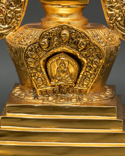 shakyamuni buddha stupa close up mini siddhartha gautama figure, himalayan newari craftsmanship