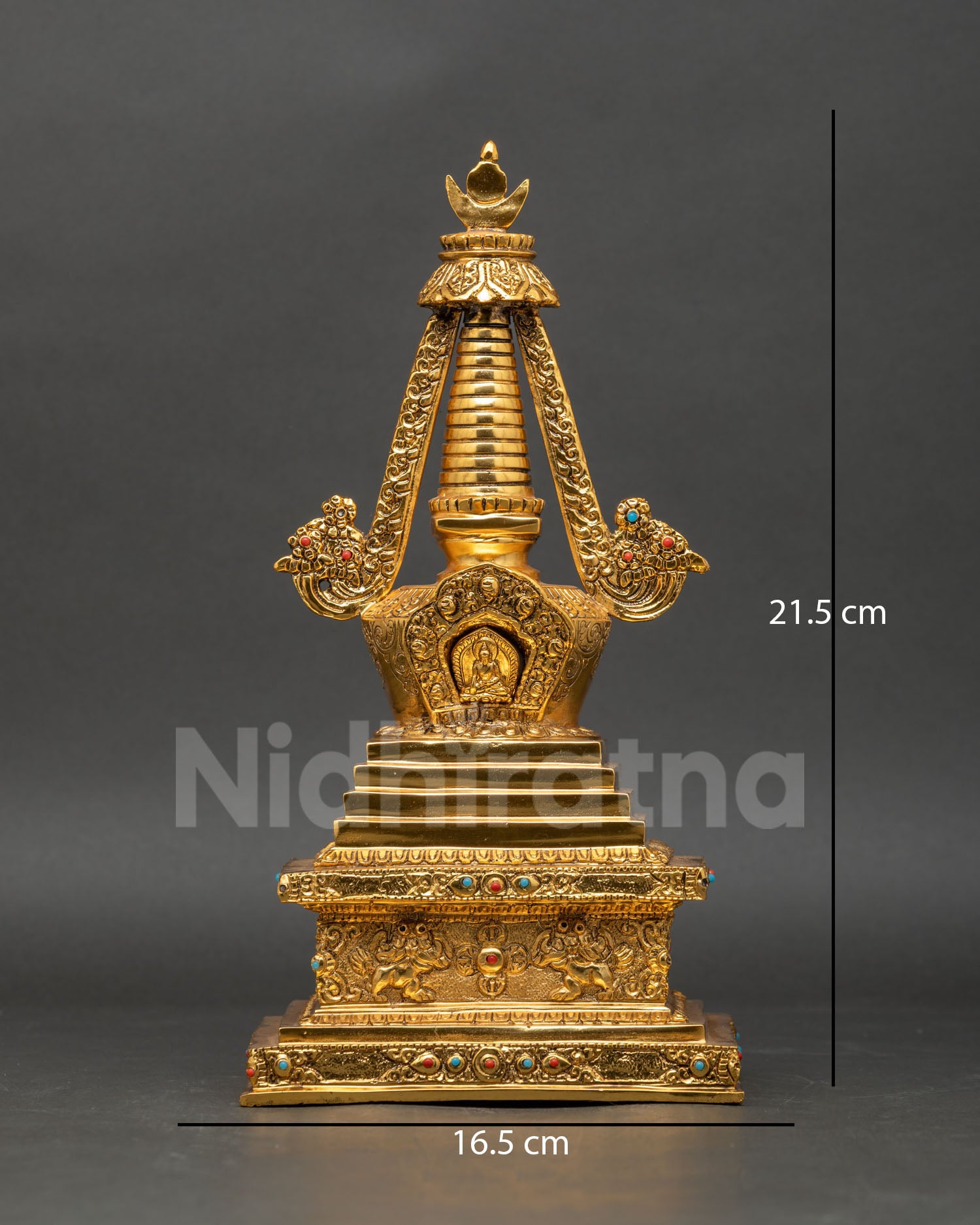 Shakyamuni buddha stupa, gold fire gilded copper, miniature buddha center vishwa vajra sacred monument nepal