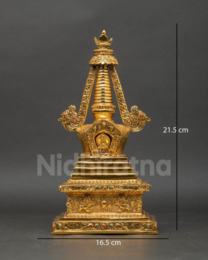Shakyamuni buddha stupa, gold fire gilded copper, miniature buddha center vishwa vajra sacred monument nepal