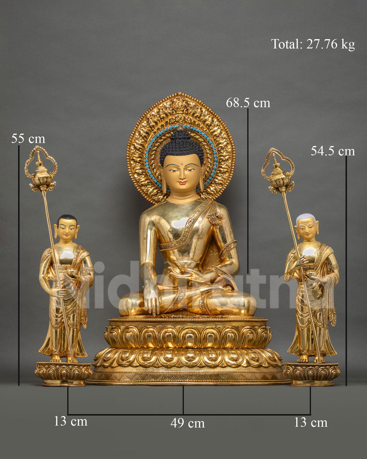 Shakyamuni Buddha with Disciples statue set front view, 24K gold fire-gilded copper from Nepal