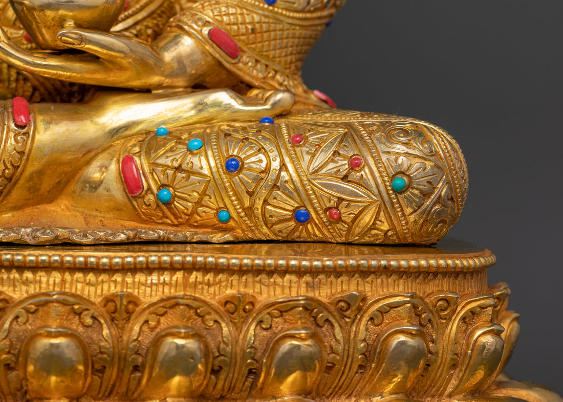 the leg of shakyamuni buddha statue adorned with semi precious gemstones