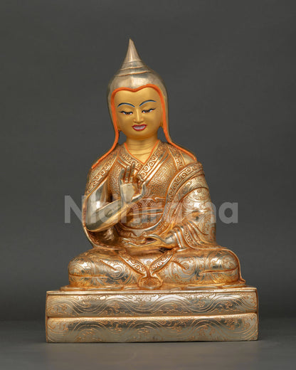 Shantarakshita statue handcrafted in copper with gold gilding and painted face
